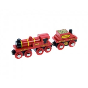 Locomotora roja  y vagón de carbón